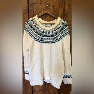 LOFT Faire Isle Nordic White Pullover Sweater with Blue and Green Accents